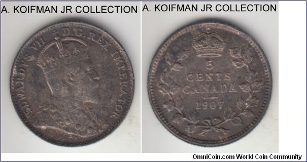 KM-13, 1907 Canada 5 cents; silver, reeded edge; Edward VII, most common year, toned extra fine, few contact marks.