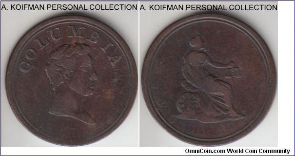 Kyle/Fuld #12, c.1820-1830 farthing token; copper, plain edge; so called Columbia farthing token, origins unknown, once attributed to Canada, it is now suspected to have been minted in  Birmingham, this specimen is a variety with obverse M and reverse 12, fine or almost.
