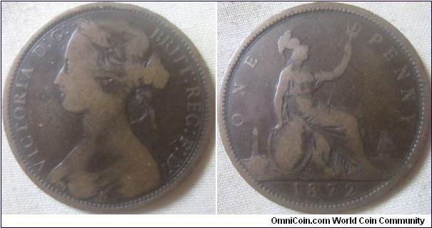 1872 penny in fair, wider date with design flowing over the inner circle on the reverse