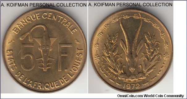 KM-2a, 1972 West African States 5 francs; aluminum-nickel-bronze, plain edge; red uncirculated, common with typical gazelle motif.