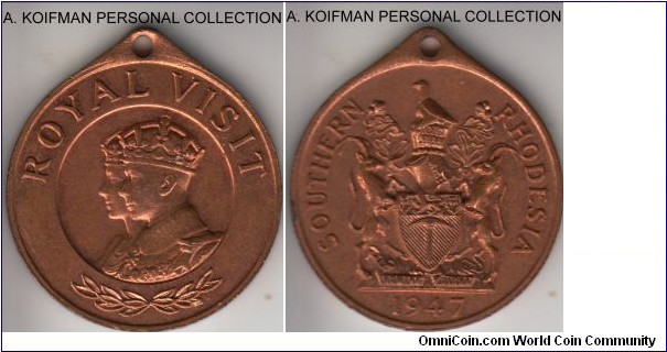 Laidlaw 0143, 1947 Southern Rhodesia medal; bronzed base metal, 32.6 mm diameter, with lug; King George VI and Queen Elizabeth Royal Visit; uncirculated.