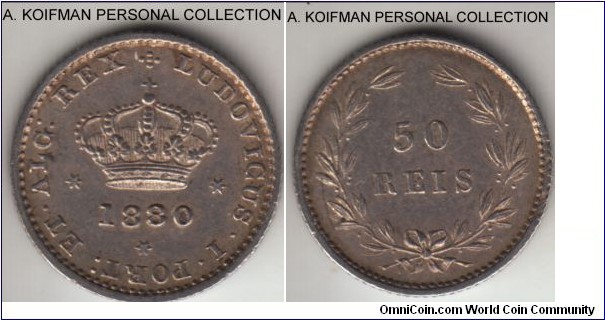 KM-506.2, 1880 Portugal 50 reis; silver, reeded edge; extra fine, a more common year.