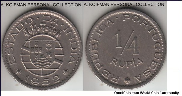KM-25, 1952 Portuguese India 1/4 rupia; copper-nickel, reeded edge; not a bad coin, extra fine details, but likely cleaned in the years past as it is missing any kind of toning.