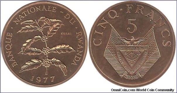 Rwanda 5 Francs 1977 (Proof-Essai)