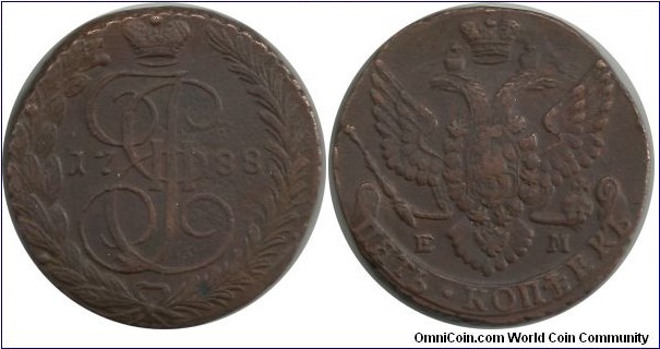 RussianEmpire 5 Kopeyki 1788-Czarina Ekaterina II (C# 59.3 ; 5 KOPEKS 51.2000 g., Copper Ruler: Catherine II Obv: Crowned monogram divides date within wreath Rev: Crowned doubleheaded eagle, initials below Edge: Oblique milled Note: Varieties exist.) from World Coins
