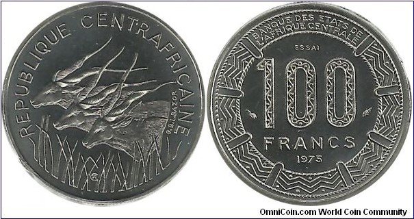 CentralAfricanStates 100 Francs 1975-Republique Centrafricaine (Proof-Essai); Mintage: 1.700