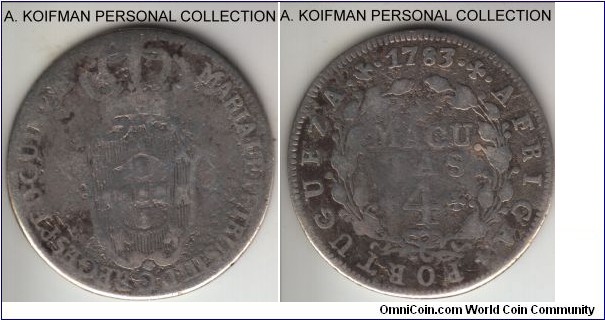 KM-22, 1793 Portuguese Angola 4 macutas; silver, corded edge; good or about, worn but very scarce first year of the two year type with mintage of just 10,000.