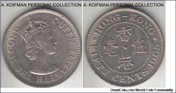 KM-30.1, Hong Kong 50 cents, King Norton's mint (KN mint mark); copper-nickel, reeded and security edge; about extra fine.
