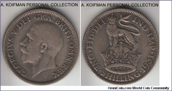 KM-833, 1931 Great Britain shilling; silver, plain edge; circulated, fine or about very fine, scarcer year for the type.