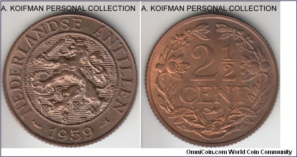 KM-5, 1959 Netherlands Antilles 2 1/2 cents; bronze, reeded edge; red brown glossy uncirculated.