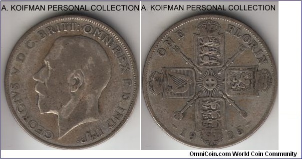 KM-817a, 1925 Great Britain florin; silver, reeded edge; scarcest year of the type, well worn.