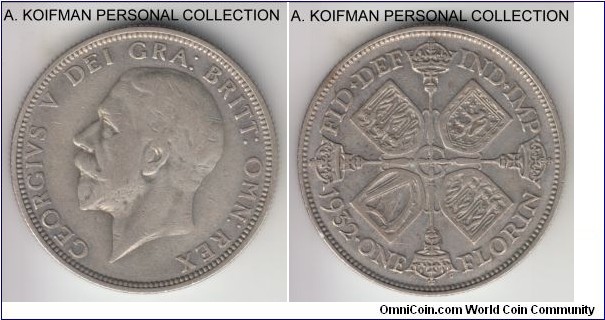 KM-834, 1932 Great Britain florin; silver, reeded edge; very fine or about, scarcest mintage of the type.