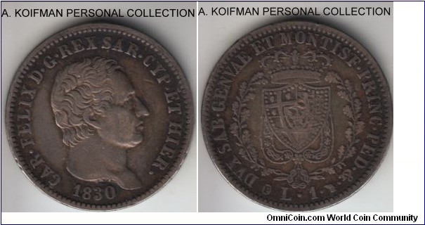 KM-121.1, 1830 Italian State Sardinia lira, Turin (Turino) mint (Eagle head); silver, lettered edge; last year of the type, dark toned, very fine.