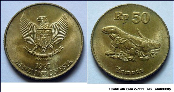 Indonesia 50 rupiah.
1997, Al-br.
Weight; 3,18g.
Diameter; 20mm.
Mintage: 150.000 pieces.