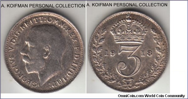 KM-813, 1918 Great Britain 3 pence; silver, plain edge; good extra fine to about uncirculated.