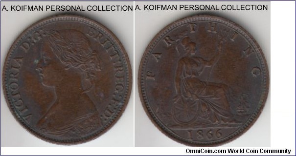 KM-747.2, 1866 Great Britain farthing; bronze, plain edge; brown good extra fine.