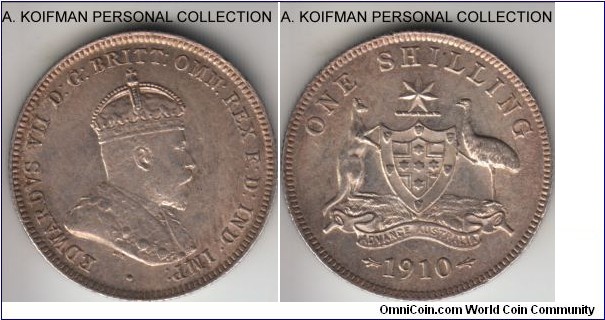 KM-20, 1910 Australia shilling, Royal mint (no mint mark); silver, reeded edge; nice good about uncirculated with lots of luster remaining and very light overall toning.