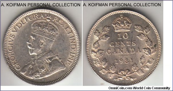 KM-23a, 1931 Canada 10 cents; silver, reeded edge; nice almost circulated coin or better, from the scarce late George V period.