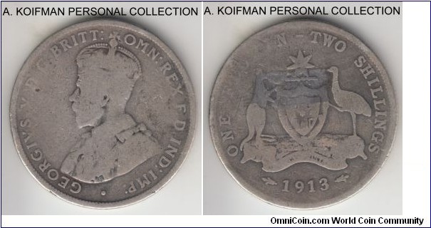 KM-27, 1913 Australia florin, Royal Mint (London, no mint mark); silver, reeded edge; work out, maybe good, early scarcer year.