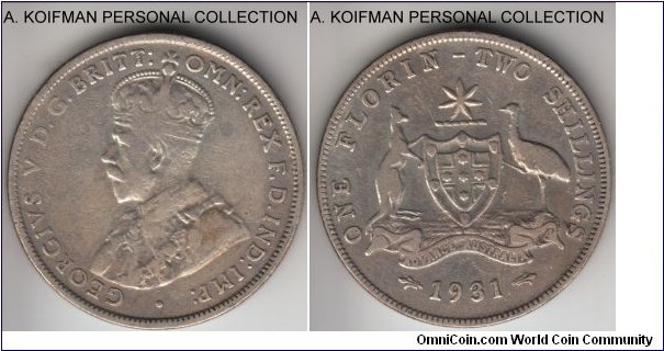 KM-27, 1931 Australia florin, Melbourne mint (no mint mark); silver, reeded edge; well circulated fine or about.