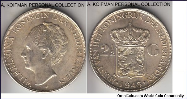 KM-331, 1943 Netherlands East Indies 2 1/2 gulden, Denver mint (D mint mark); silver, lettered edge; almost uncirculated, home issue for East Indies, since Netherlands were still occupied by Germans.
