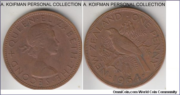 KM-24.2, 1964 New Zealand penny; bronze, plain edge; about uncirculated, a bit dirty.