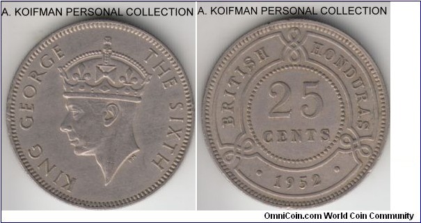KM-26, 1952 British Honduras 25 cents; copper-nickel, reeded edge; good extra fine, mintage only 75,000.