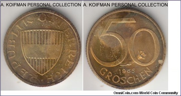 KM-2885, 1965 Austria 50 groschen; proof, aluminum-bronze, reeded edge; average proof, multi-colored and few various toning spots.