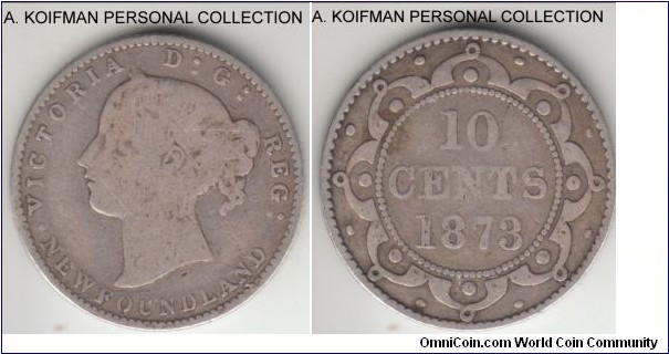 KM-3, 1873 Newfoundland 10 cents, Royal mint (no mint mark); silver, reeded; good to very good, round 3 variety, a couple of minute scratches on obverse, mintage of just 23,614.