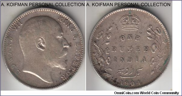 KM-508, 1904 British India rupee, Bombay mint (B mint mark in crown); silver, reeded edge; very fine or so.