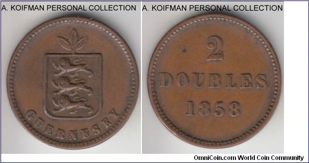 KM-4, 1858 Guernsey 2 doubles; copper, plain edge; one year issue, good condition, strong very fine, small mintage 56,000.