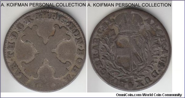 KM-12, 1753(?) Austrian Netherlands 10 liards, Antwerpen mint (hand mint mark); billon, grained edge; last digit of the date is a best guess, scarce type, very good, likely ex-jewelry.