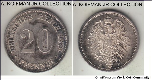 KM-5, 1874 Germany 20 pfennig, Hannover mint (B mint mark); silver, reeded edge; Wilhelm I, early post-unification, mottled toned uncirculated.
