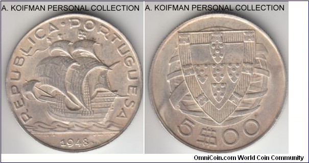 KM-581, 1948 Portugal 5 escudos; silver, reeded edge; good extra fine to about uncirculated, light overall toning.