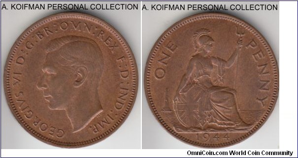KM-845, 1944 Great Britain penny; bronze, plain edge; average uncirculated or almost.