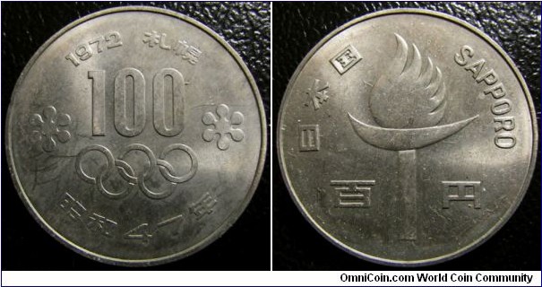 Japan 1972 100 yen commemorating Winter Olympics. Weight: 12.04g