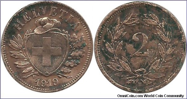 Switzerland 2 Rappen 1919B (I clean this coin, very circulated)