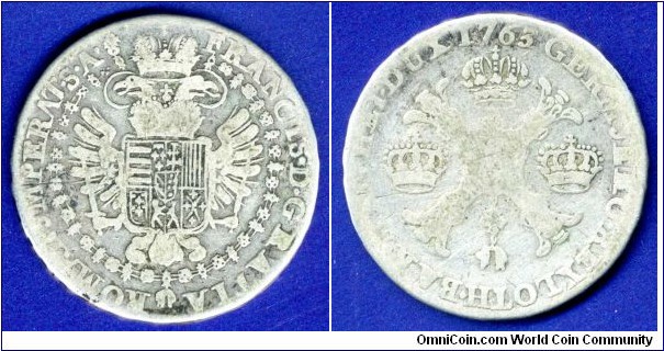 1/2 Kronenthaler.
Austrian Netherlands.
Franc I Stefan (1745-1765).
Brussel mint.



Ag873f. 14,73gr.