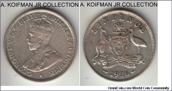 KM-25, 1936 Australia 6 pence, Melbourne mint (no mint mark); silver, reeded edge; late George V, decent circulated, very fine or so, cleaned.