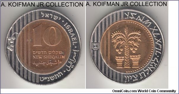 KM-P120, Israel 1999 10 new sheqalim, Utrecht mint; piedfort, bi-metal: nickel-bonded steel rind (magnetic) and aureate bonded bronze core, reeded edge; piedfort variety of the KM-270, not minted for circulation that year, only piedfort and Hanukka issues, mintage 6,000 in annual piedfrot sets, uncirculated.