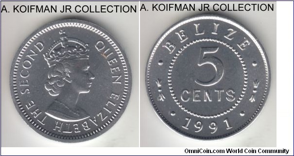 KM-34a, 1994 Belize 5 cents; aluminum, plain edge; Elizabeth II, common but nice brilliant uncirculated.