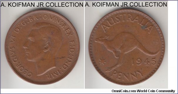 KM-36, 1945 Australia penny, Perth mint (dot after PENNY); bronze, plain edge; George VI, no dot after KG variety, brown almost uncirculated, but some staining and reverse spot.