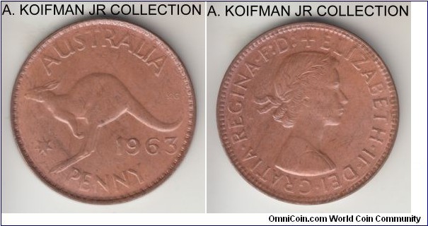 KM-56, 1963 Australia penny, Perth mint (dot after PENNY); bronze, plain edge; Elizabeth II, late pre-decimal, softly struck light brown uncirculated.