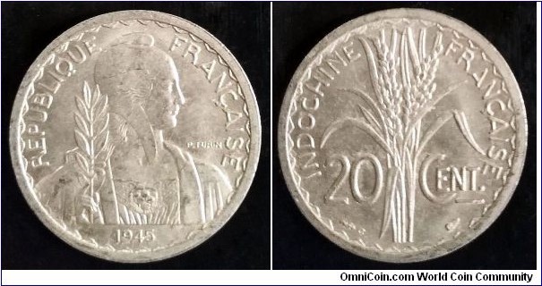 French Indochina 20 centimes. 1945, Paris Mint, C - Castelsarrasin.