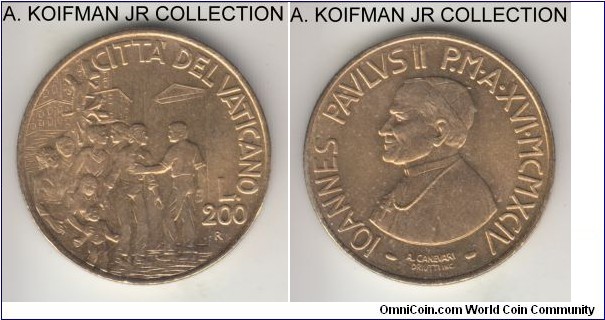 KM-256, 1994 Vatican 200 lire; aluminum-bronze, reeded edge; John Paul II, year XVI, one year type - helping victims of drug abuse, mintage 38,000, bright uncirculated.