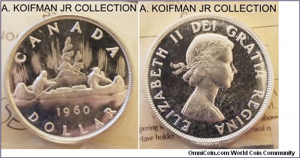 KM-54, 1960 Canada dollar; proof like, silver, reeded edge; Elizabeth II, bright specimen from proof like set, ICCS graded PL-64.