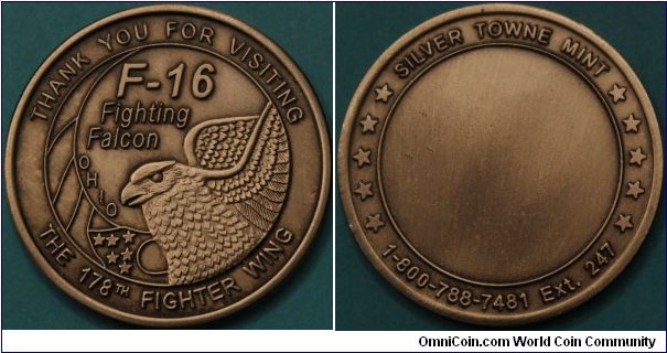 F-16 Fighting Falcon, 178th Fighter Wing, Springfield Ohio souvenir medal. Undated; date is year obtained. 40mm