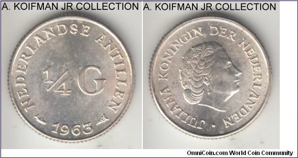 KM-4, 1963 Netherlands Antilles 1/4 gulden; silver, reeded edge; Juliana, bright white uncirculated.