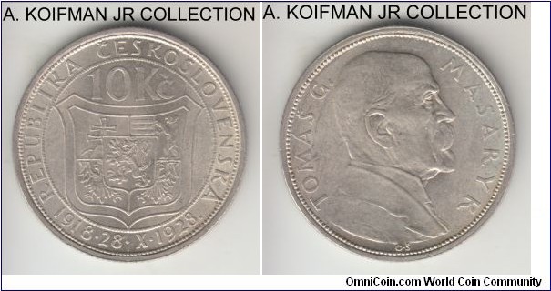 KM-12, 1928 Czechoslovakia 10 korun; silver, reeded edge; 10'th anniversary of independence circulation commemorative, average uncirculated.