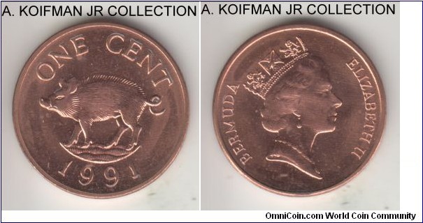KM-44A, 1991 Bermuda cent; copper plated zinc, plain edge; Elizabeth II, red average uncirculated, poorly plated copper creates a 